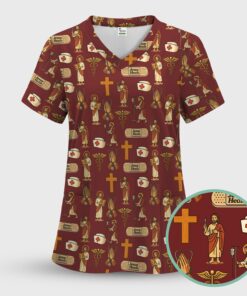 Christian Nurse Faith Scrub Top - Jesus Heals Quote & Religious Medical Pattern - Multiple Color Options Gift for RN LPN CNA