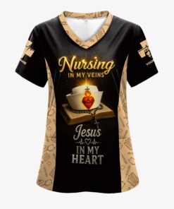 Christian Nurse Scrubs Shirt for Women - Jesus in My Heart Nursing in My Veins - Faith-Based Uniform Top Gift for RN CNA LPN