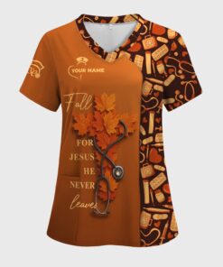 Custom Christian Nurse Scrub Top - Fall For Jesus He Never Leaves - Gift for RN LPN CNA Healthcare Workers