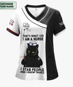 Custom Name Funny Nurse Scrub Top - I Stab People And I Know Things Sarcastic Quote - Gift for Women RN LPN & Healthcare Workers