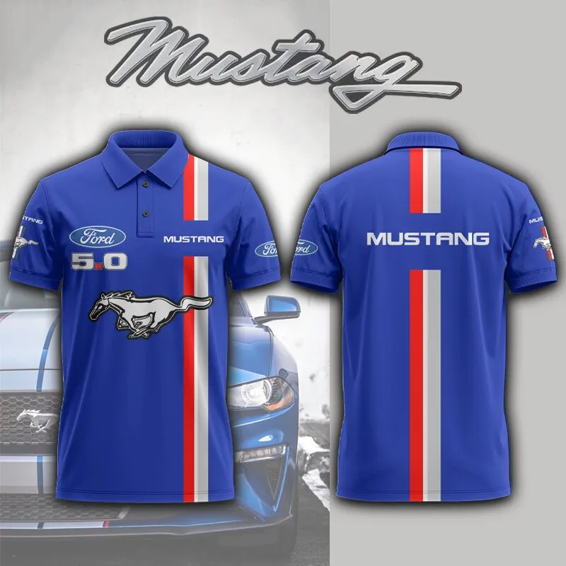 Ford Mustang 5.0 Polo Shirt – Blue Racing Stripe Mustang Shirt