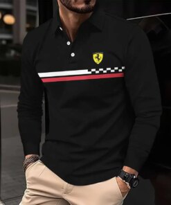 Men's Ferrari Long Sleeve Polo Shirt – Black Racing Style Top