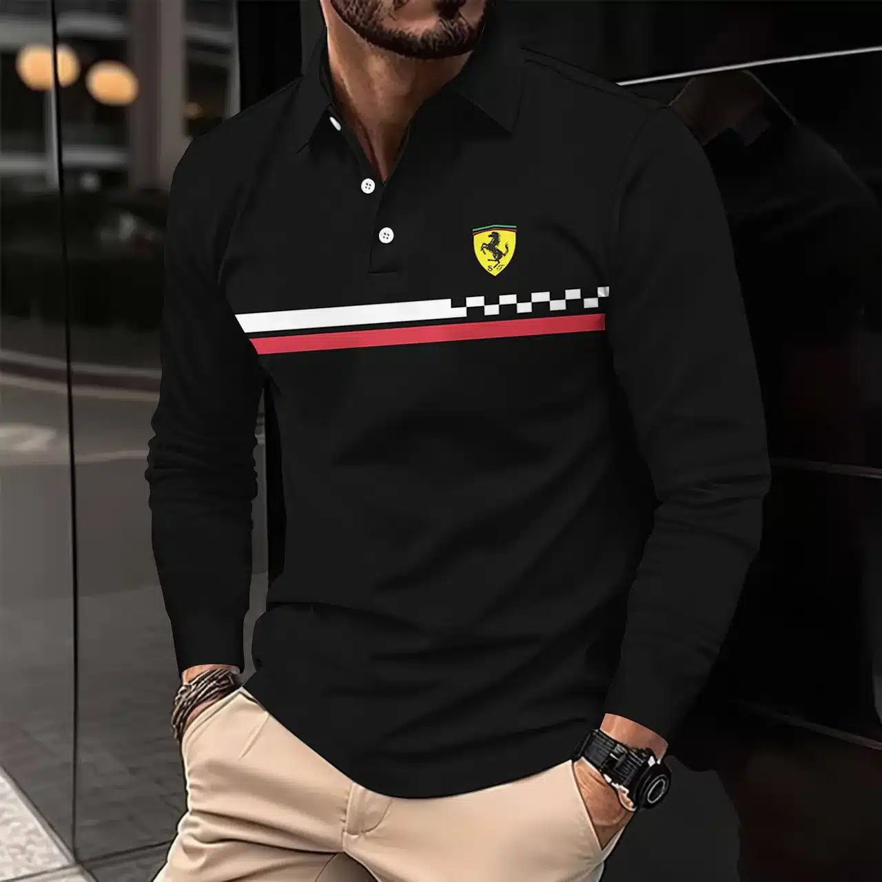 mens ferrari long sleeve polo shirt black racing style top ofp0k