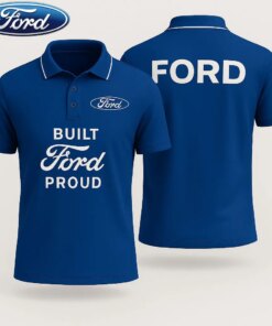 Men's Ford Built Proud Polo Shirt – Blue Short Sleeve with Bold Logo