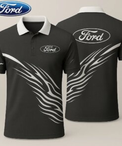 Men's Ford Mustang Polo Shirt – Black Short Sleeve with White Collar and Racing Stripes