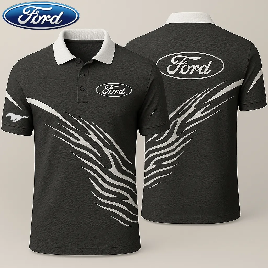 mens ford mustang polo shirt black short sleeve with white collar and racing stripes ttt26