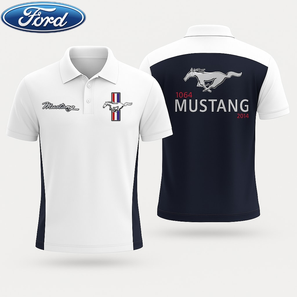 mens ford mustang polo shirt white and navy short sleeve classic car logo velf3