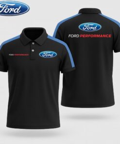 Men's Ford Performance Polo Shirt – Black Short Sleeve with Blue Shoulder Stripes