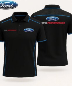 Men's Ford Performance Polo Shirt – Black Short Sleeve with Blue Trim