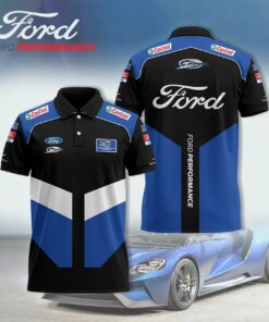 Men's Ford Performance Racing Polo Shirt – Black Blue White Short Sleeve with Sponsor Logos