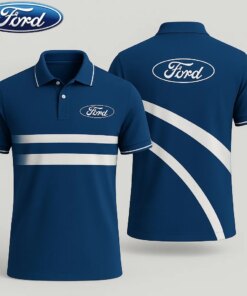Men's Ford Polo Shirt – Blue Short Sleeve Racing Stripe Design