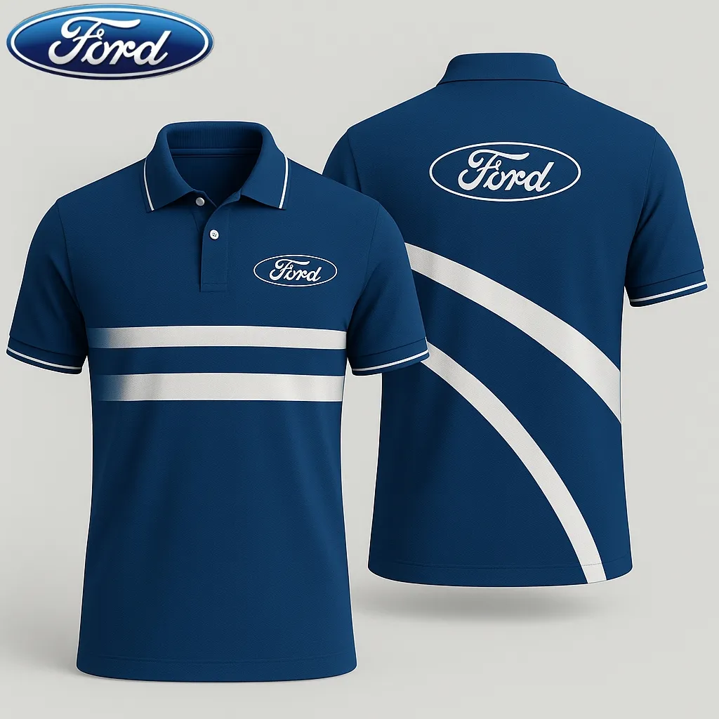 mens ford polo shirt blue short sleeve racing stripe design 43yc1