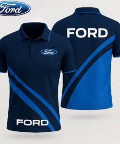 Men's Ford Polo Shirt – Navy and Blue Short Sleeve with Racing Stripes