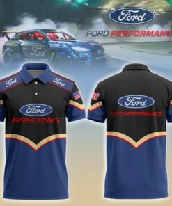 Men's Ford Racing Performance Polo Shirt – Black and Blue Short Sleeve with USA Flag