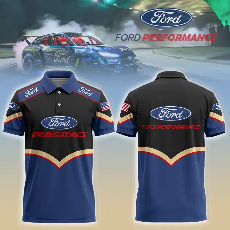 mens ford racing performance polo shirt black and blue short sleeve with usa flag