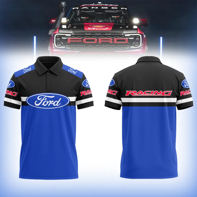 Men's Ford Racing Polo Shirt – Black and Blue Short Sleeve Car Logo Top