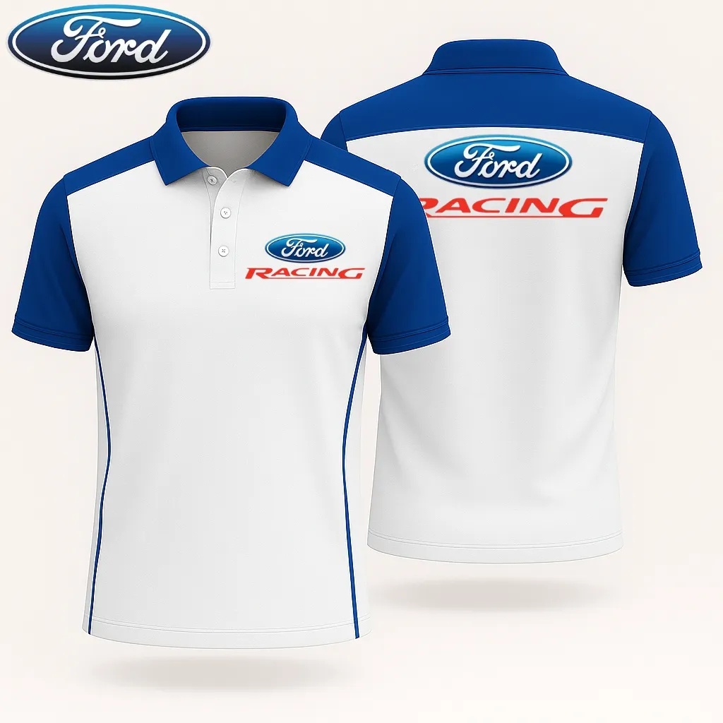 mens ford racing polo shirt white and blue short sleeve car logo top 88mif