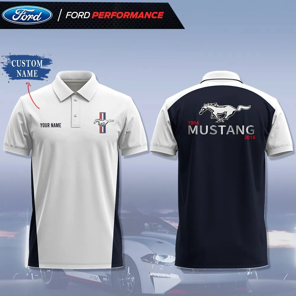 personalized ford mustang polo shirt custom name white and navy short sleeve cfa5m