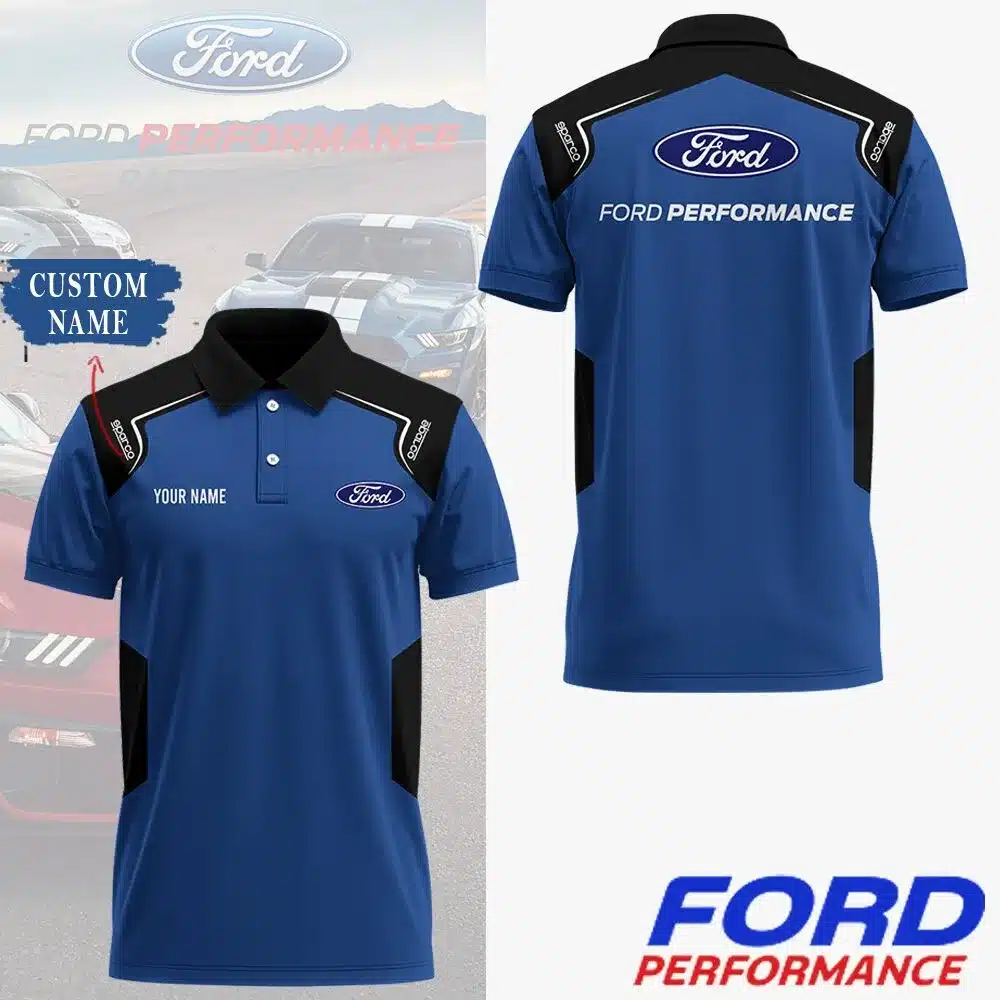 personalized ford performance polo shirt custom name blue and black short sleeve 201hy