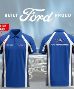 Personalized Ford Performance Polo Shirt – Custom Name Blue and White Short Sleeve