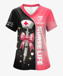 Personalized Nurse Life Scrubs for Women RN LPN CNA - Cute Pink and Black Syringe Bow Design - Funny Medical Quote Gift for Healthcare Workers in Nursing Field