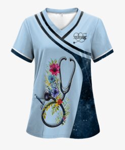 Personalized Religious Nurse Scrub Top - Cross & Heart Quote with Stethoscope Floral Design - Gift for Christian Nurses Medical Workers