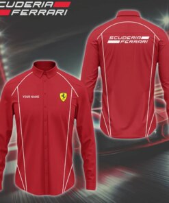 Personalized Scuderia Ferrari Long Sleeve Button Shirt – Custom Name Red Racing Team Top