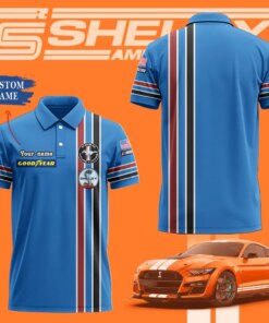 Shelby Mustang Custom Name Polo Shirt – Blue Racing Stripe Edition
